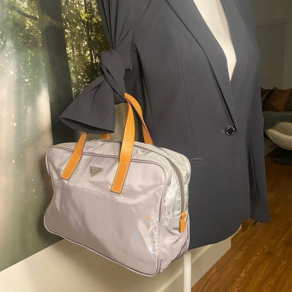 Prada Gray Nylon Satchel with Tan Leather Handles